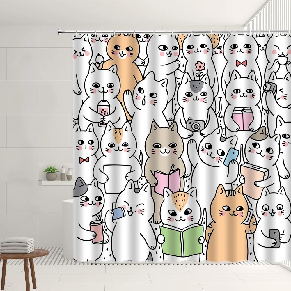 Cartoon Shower Curtain Set With Hooks Simple Watercolor Animals Pattern Children's Room Bathroom Bathtub Decor Screens Washable