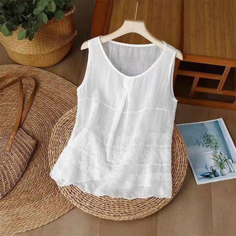 Women's Summer Elegant and Slimming Cotton-Linen Embroidered Sleeveless Tank Top—Perfect for Layering or Wearing On Its Own