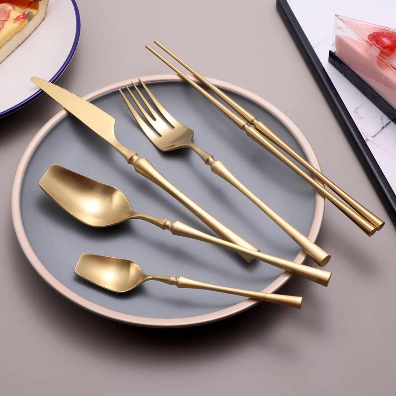 Matte Gold 18/10 Stainless Steel Luxury Cutlery Dinnerware Tableware Knife Spoon Fork Chopsticks Flatware Set Dishwasher Safe