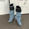 2026 New Hot Girls Two-Way-Wear Button Pleated Botas Pointed Toe Thigh High Boots Stiletto Heel Fashion Autumn Modern Long Boots