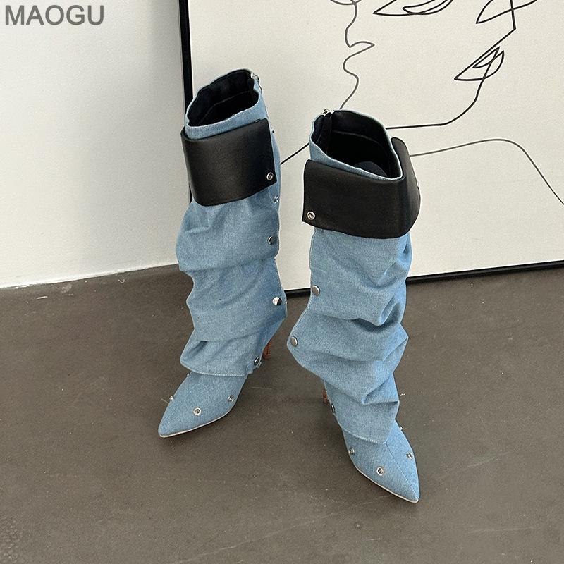 2026 New Hot Girls Two-Way-Wear Button Pleated Botas Pointed Toe Thigh High Boots Stiletto Heel Fashion Autumn Modern Long Boots