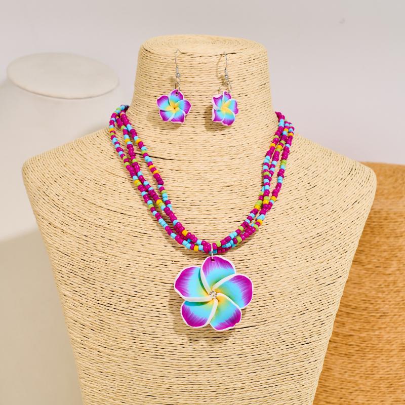Polymer Clay Flowerwomen Jewelry Set Cute  Seaside Beach Colorful Flower Earrings Girls Sweet Beaded Chain Necklace Girl
