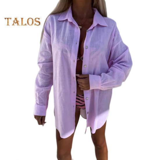 

Женская рубашка с лацканами, однобортная рубашка с длинным рукавом, однотонная свободная блузка, повседневные осенние топы XXL фиолетовый