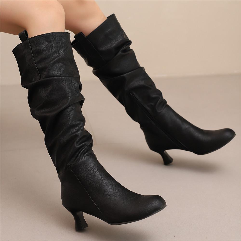 Модні Сексуальні Жіночі Плісовані Ботфорти Високі до Коліна Гострий Носок Підбори-Шпильки Застібка-Блискавка Жіночі Високі Чоботи Жіноче Взуття 34-50 Осінь Зима