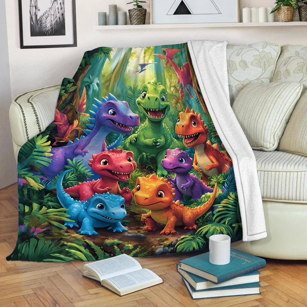Cartoon Dinosaur Jungle Pattern Flannel Printed Blanket Suitable for All Seasons Suitable for Living Room Office Sofa and Travel