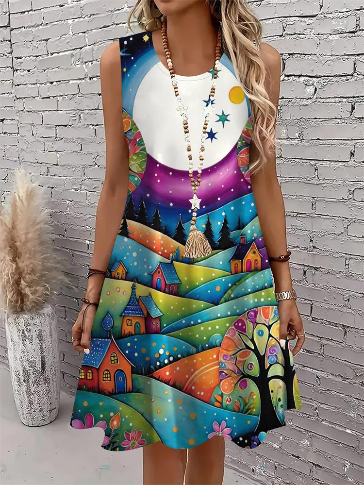 Lässiges Damen Tanktop-Kleid Sommer Ärmellos O-Ausschnitt 3D-Druck Locker A-Linien-Kleid Strand-Westenkleid