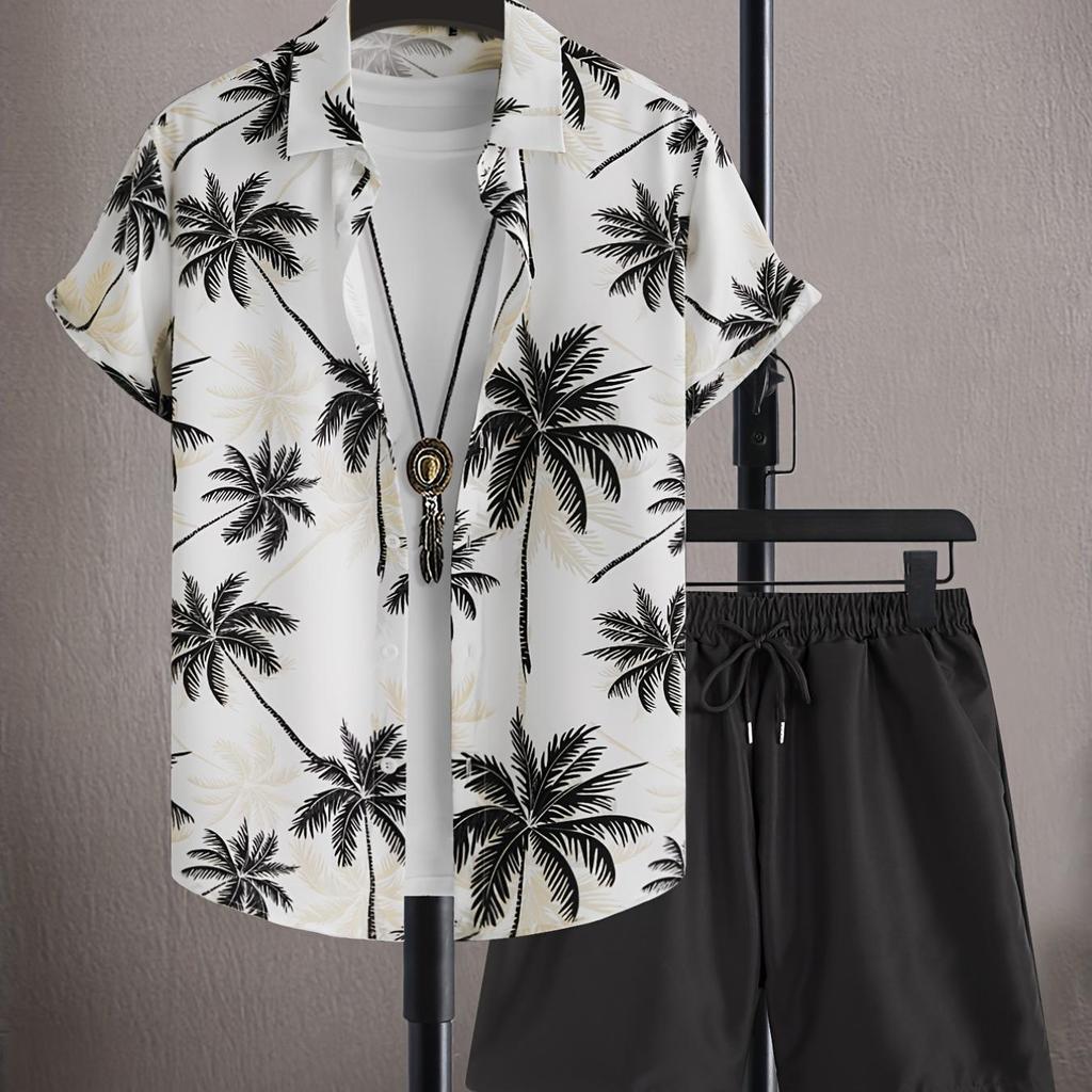 Coconut Tree Print Men's Short-sleeved Shirt And Beach Shorts Set Summer Everyday Men's Casual Shirt And Beach Pants