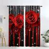 Black curtains with vibrant red roses and shiny star prints, bedroom and living room, home decoration, room decoration
