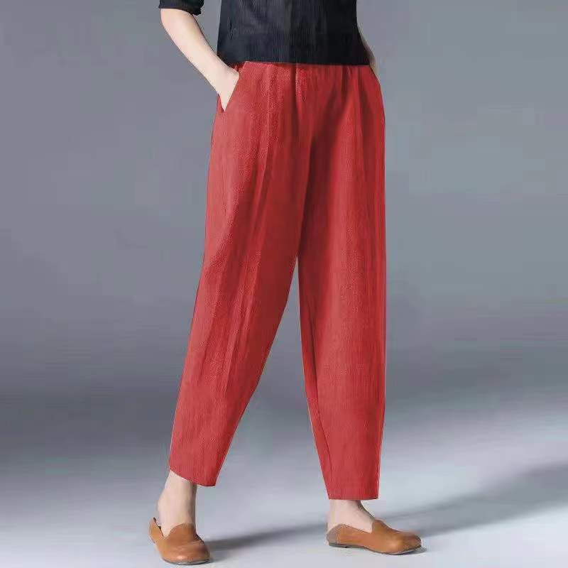 Linen Casual Pants, Women's Spring and Autumn Large-sized Loose Harem Pants, High-waisted Slimming 9-inch Pants