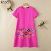 ZANZEA Women Casual Round Neck Short Sleeve Loose Floral Embroidery Dress