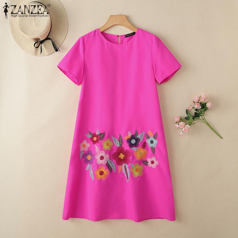 ZANZEA Women Casual Round Neck Short Sleeve Loose Floral Embroidery Dress