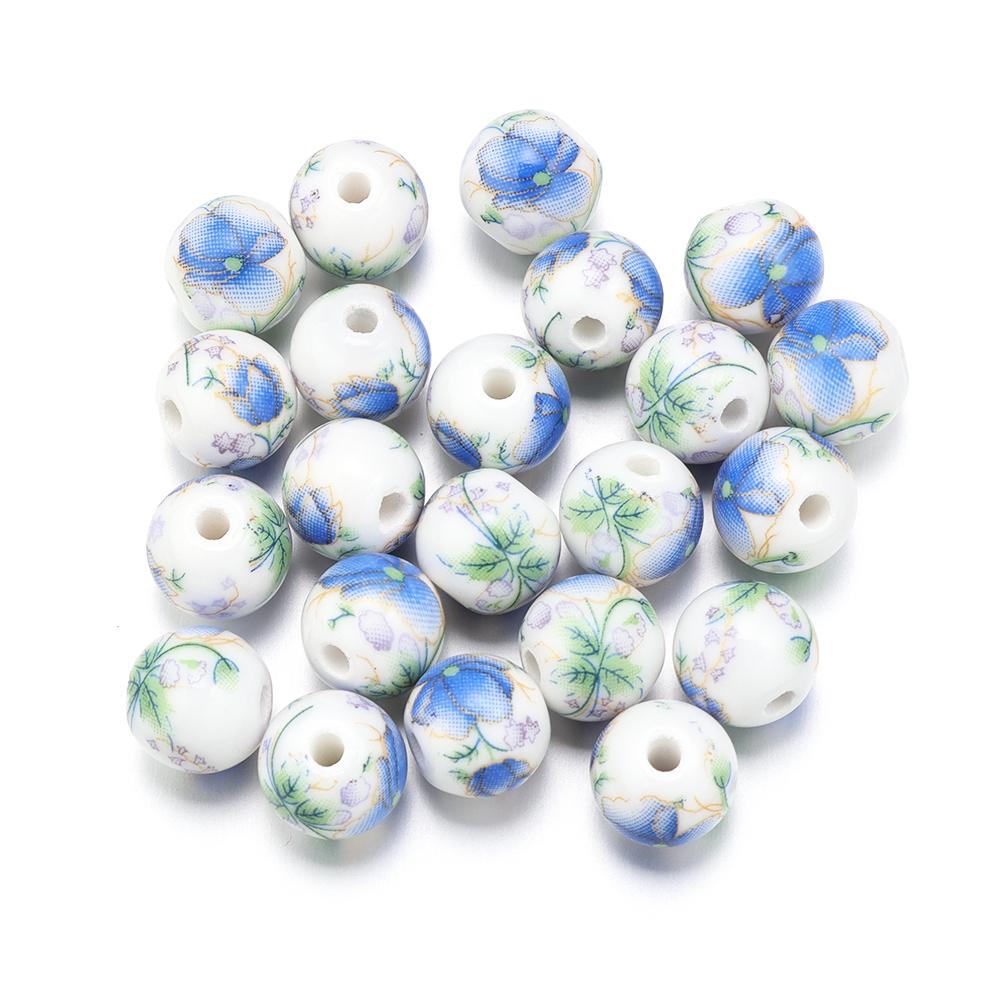 50Pcs 10mm Round Ceramic Beads Colorful Plum Blossom Sunflower Pattern Loose Porcelain Beads For DIY Bracelet Necklace Jewelry