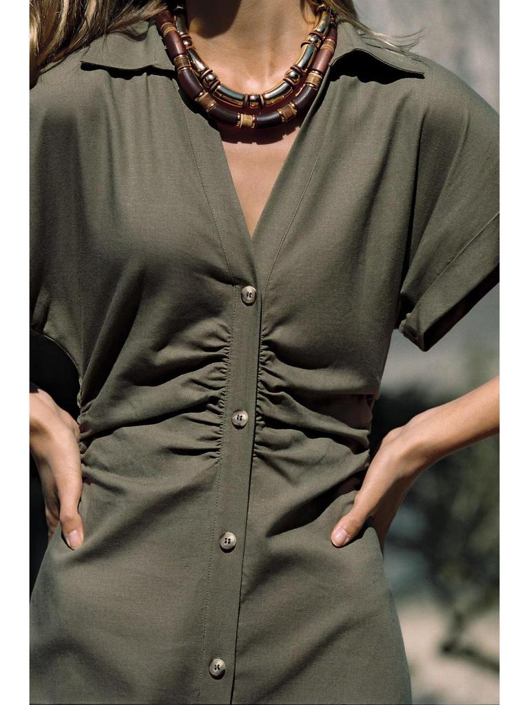 Women's Summer 2025 Linen Blend Slim Fit V-Neck Midi Dress