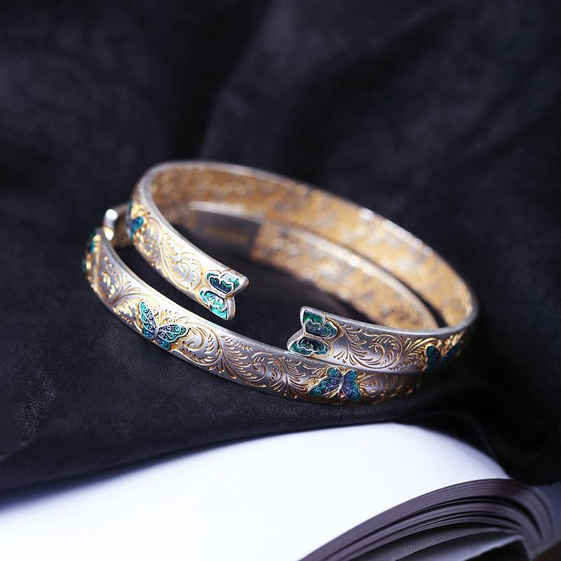 Tang Dynasty Pattern Gold-Inlaid Enamel Butterfly Bracelet in 999 Sterling Silver, Women s Open Style Chinese Fashion.