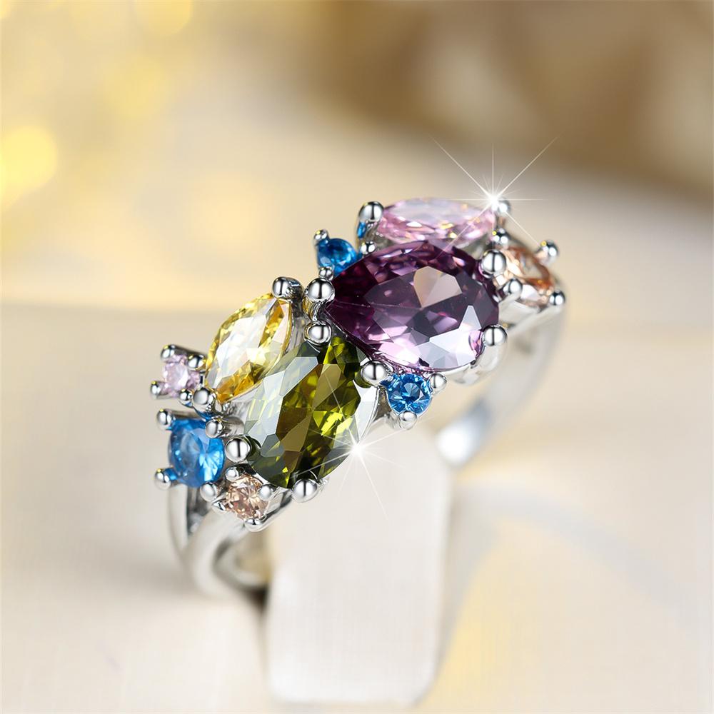 Geometric CZ Stone Multicolor Zircon Rings For Women Vintage Silver Color Engagement Ring Wedding Jewelry Bridal Versatile Gifts
