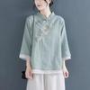 Camicia Ricamata Stile Cinese Donna Cotone Lino Collo Alto Manica a Tre Quarti Abbigliamento Camicie Casual Vintage Top Hanfu