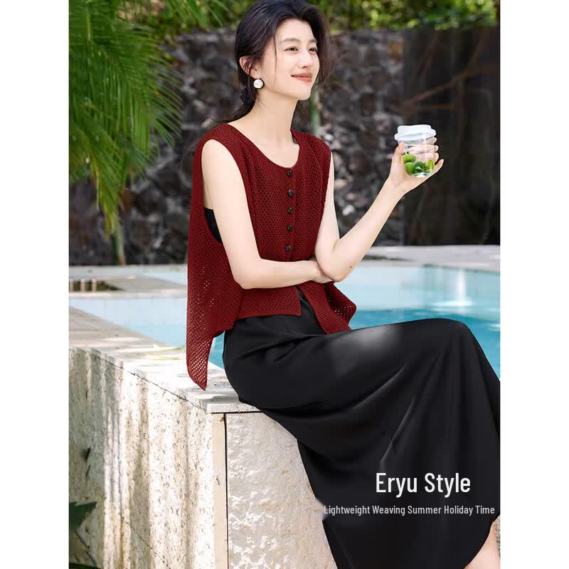XWI Women s Hollow Knit Vest & Sling Dress Two-Piece Set 2XL