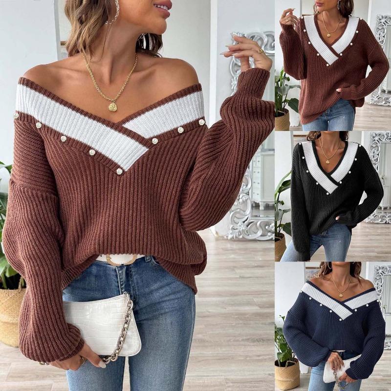 European Style Loose Fit V Neck Beaded Pullover Sweater For Women