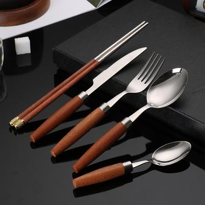 304 Edelstahl Besteck, Gabel, Löffel, Essstäbchen, Holzgriff, Westliches Essen Geschenk, Küchengeschirr komplette Sets