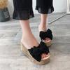 Slope heel sandals women's summer new bow one-word cool slippers women wear high-heeled beach slippers