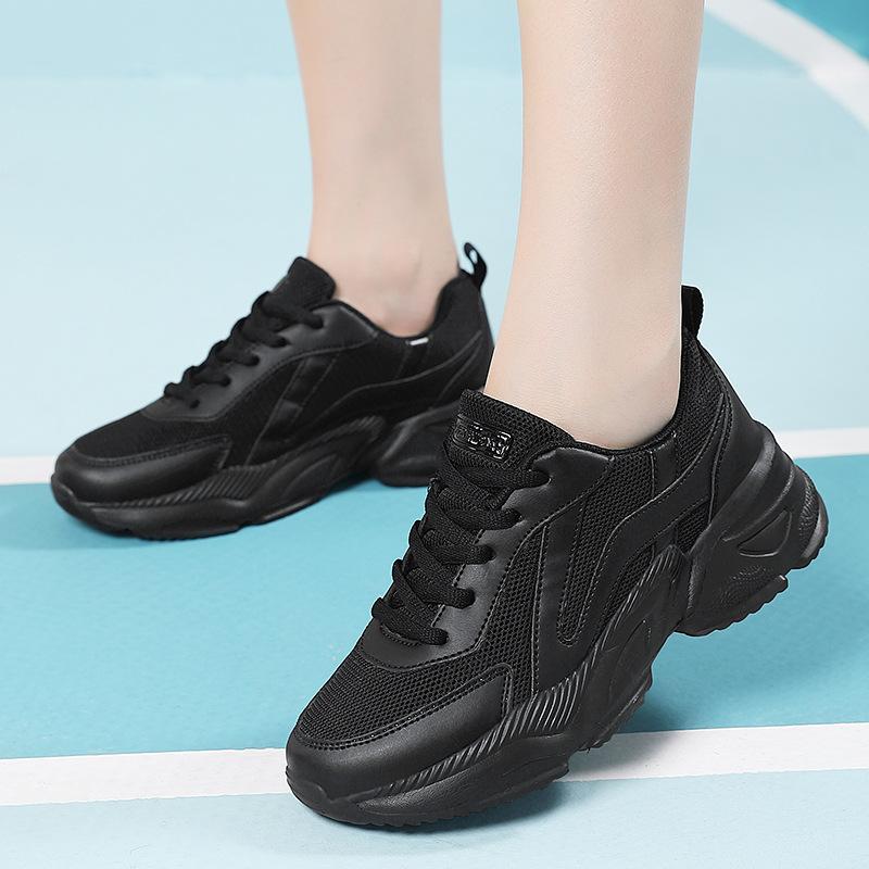 All Black Platform Dad Shoes Women's Breathable Mesh Sports Casual Shoes Lightweight Soft Sole Non-slip Comfortable Work Shoes Women