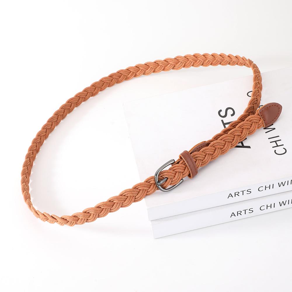 Retro Mori Black Cable Knit Waist Chain Belt with Pin Buckle and Leather Accents for Women