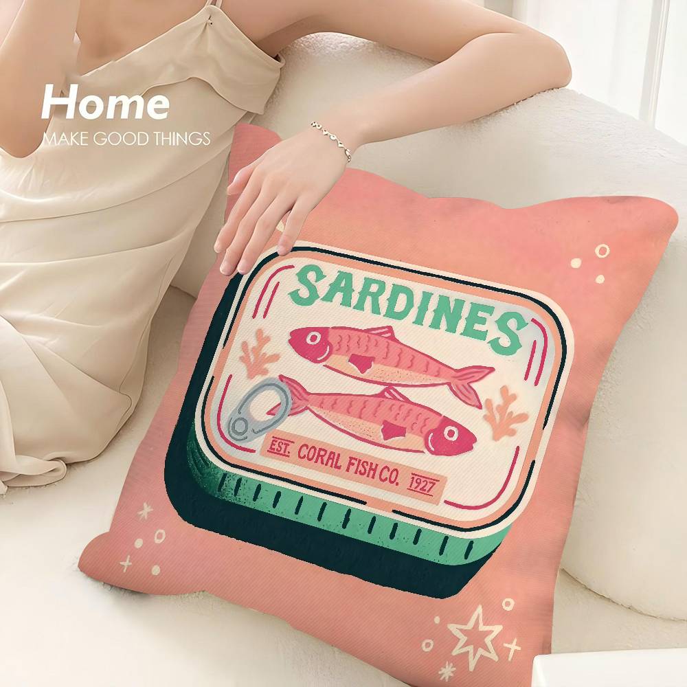 Coastal Charm Sardine Can Pillow Case 3D Print Polyester Fiber 40*40cm Home Sofa Throw Decoration Festival Gift