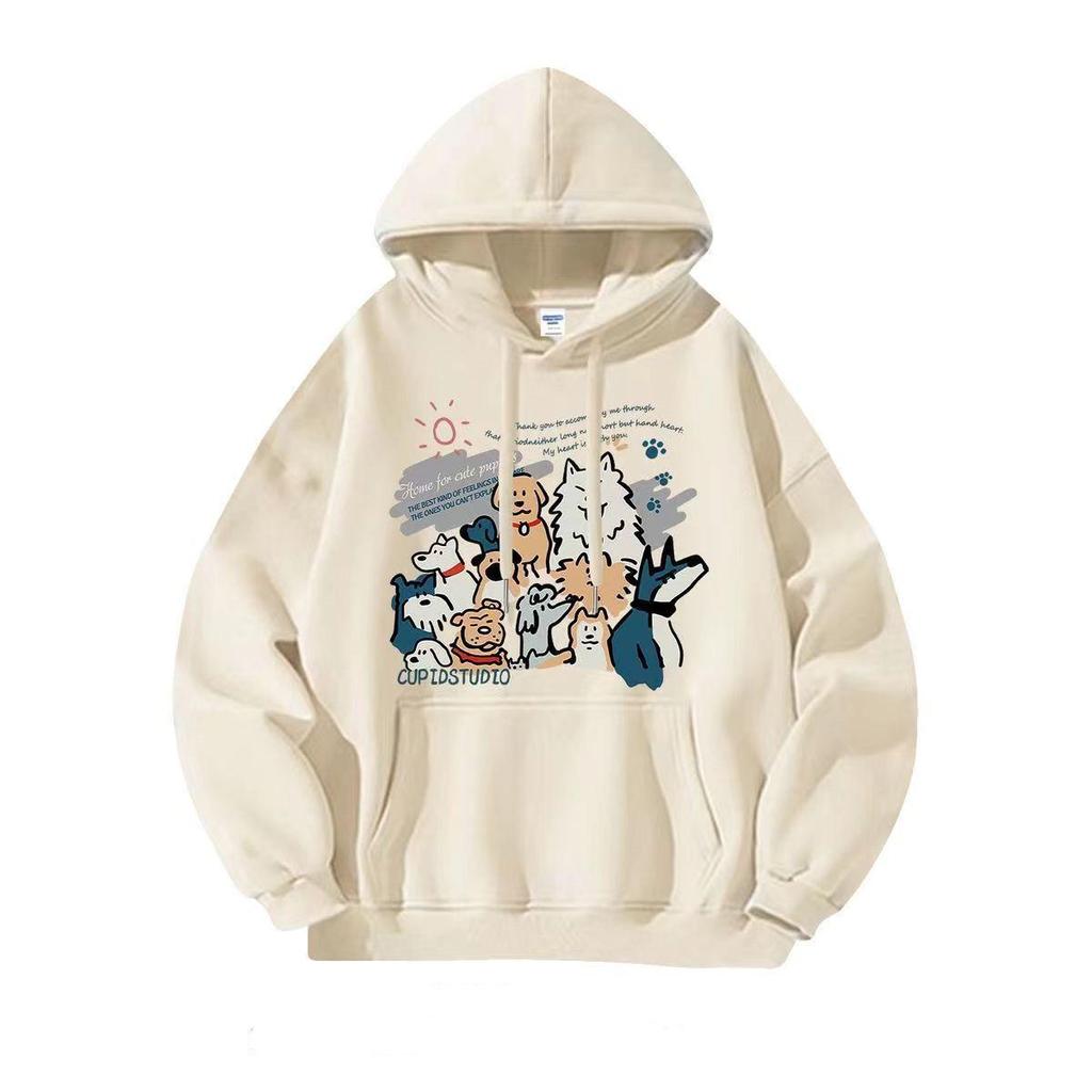 Silver Fox Velvet Korean Lazy Style Dog Print Hooded Sweatshirt - Women's Spring/Winter Jacket, Unisex Trendy Versatile Design.
