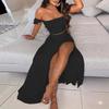 Summer Women Two Pieces Sets Fashion Elegant Off Shoulder Cropped Top & Split Mini Skirt Suit