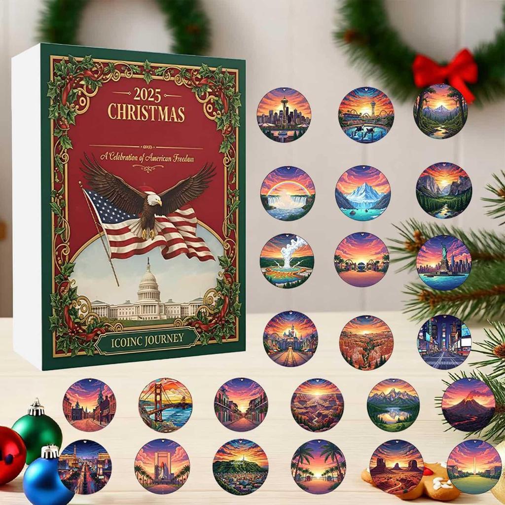 2025 Christmas Advent 2025 Collectible 2D Pendant 24-Day Holiday US Landmarks Pendant Calendar For Window Door Tree Bag Purse