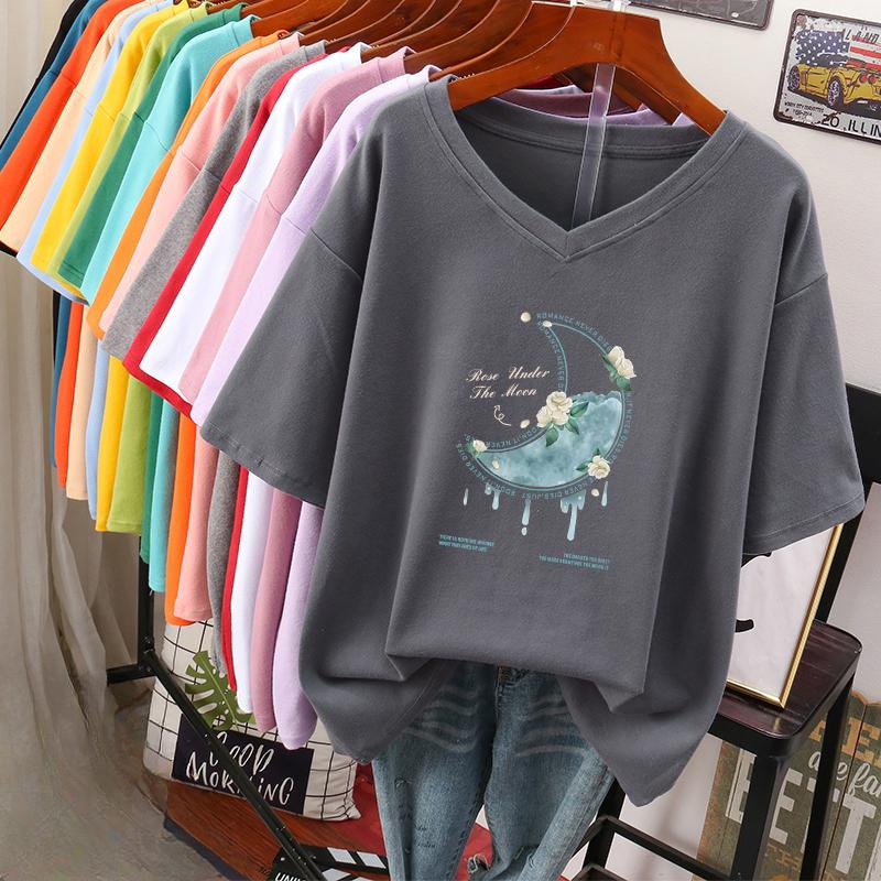 Camiseta de manga curta, Solta, Top V-neck Estampado Emagrecedor para Mulheres