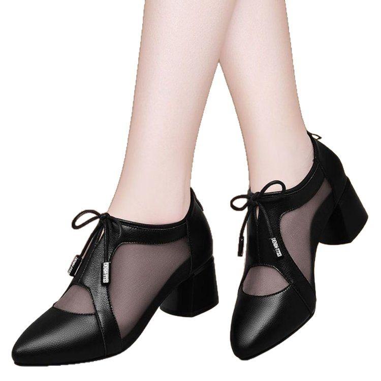 Spring Summer Women's  Classic Pointed Toe Mesh Breathable Ankle Boots Lady Ankle Square Heel Shoes Middle-aged Mother's Shoes