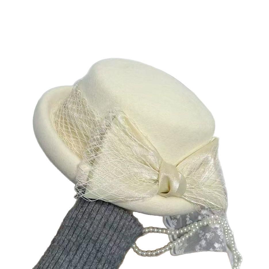 Light Luxury Winter French Crimped Woolen Top Hat Women's High-end Beret Gauze Elegant Basin Hat Shows the Face Is Small and Versatile