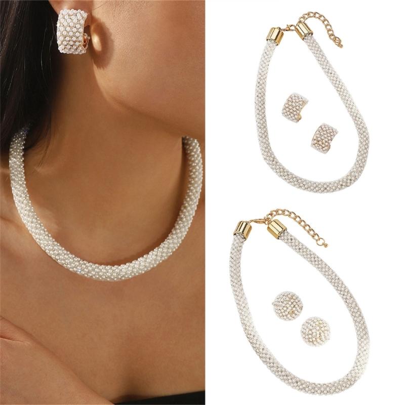 Rhinestones And Pearls Jewelry Set Versatile For Weddings Event Lightweight Design Celebration Necklace Ear Studs