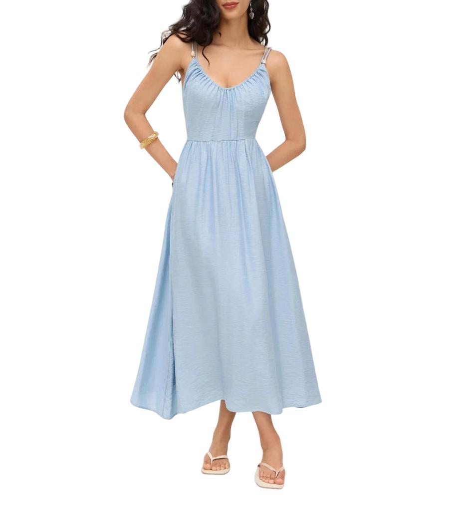 Sleeveless V Neck Maxi Dress with Adjustable Straps Flared Hem Casual Summer Holiday Dress Lightweight Loose Fit Long Dress for Women