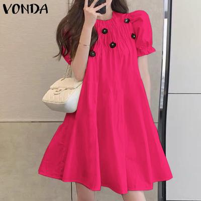 Women Casual Round Neck Lantern Short Sleeve Flower Loose Dress