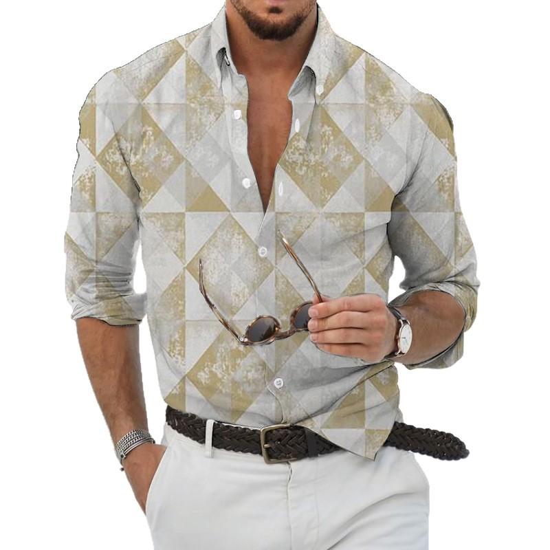 2025 Geometric Three-dimensional 3D Printed Casual Lapel Long-sleeved Shirt Spring and Autumn Men's Trendy Versatile Shirt for Men
