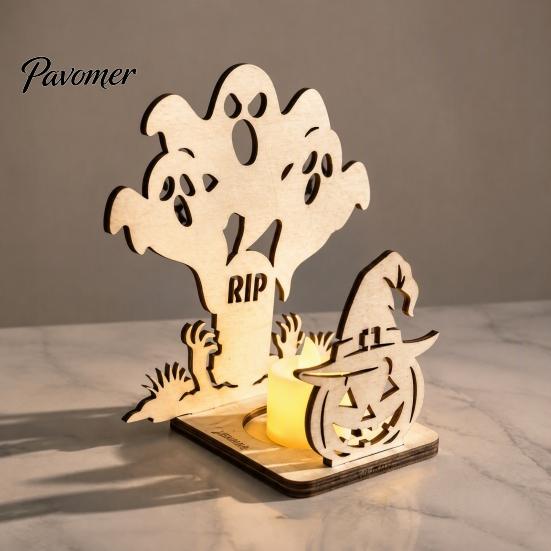 Rustic Log Art Sculpture Halloween Candle Holder, Spooky Pumpkin Bat Shadow Tealight Atmosphere Tabletop Light Vintage Wooden Candlestick Ornament for