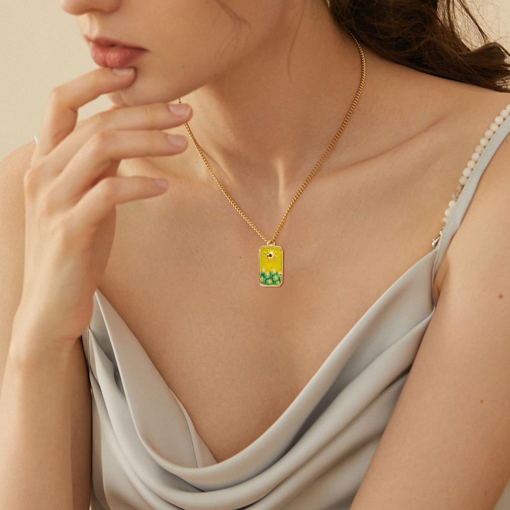 3pcs Elegant Gold Plated Steel Sunflower Necklace Pendant for Women with Enamel Tarot Card and Crescent Star Charm