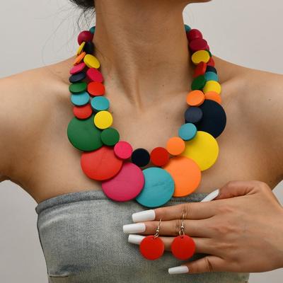 Afrikanischer Schmuck Bohemian Bunte Geometrische Runde Holzperlen Handgefertigte Perlenkette Und Ohrringe Damen Party Zubehör