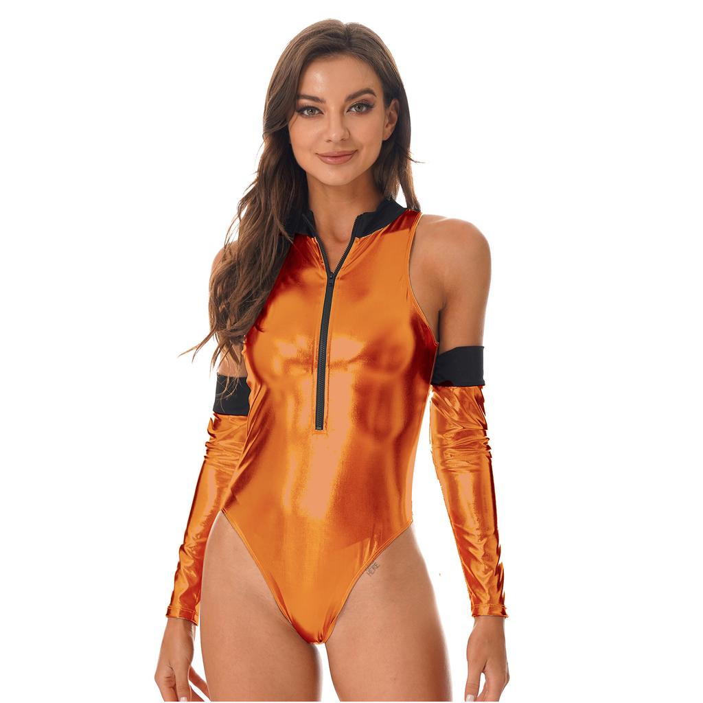 Womens Patent Leather Catsuit Sleeveless Bodysuit Zipper Mock Neck Design Shiny Role Play Costume Oversleeve