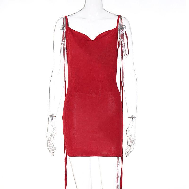 

Open Back Lace up Slim Fit Dress Fashion Sexy Backless Lace up Elegant Dress Red L