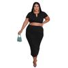 MY676 Plus Size Womens Knit Long Sleeve Crop Top Maxi Skirt Set Black Milk Silk Casual Outfit 2025