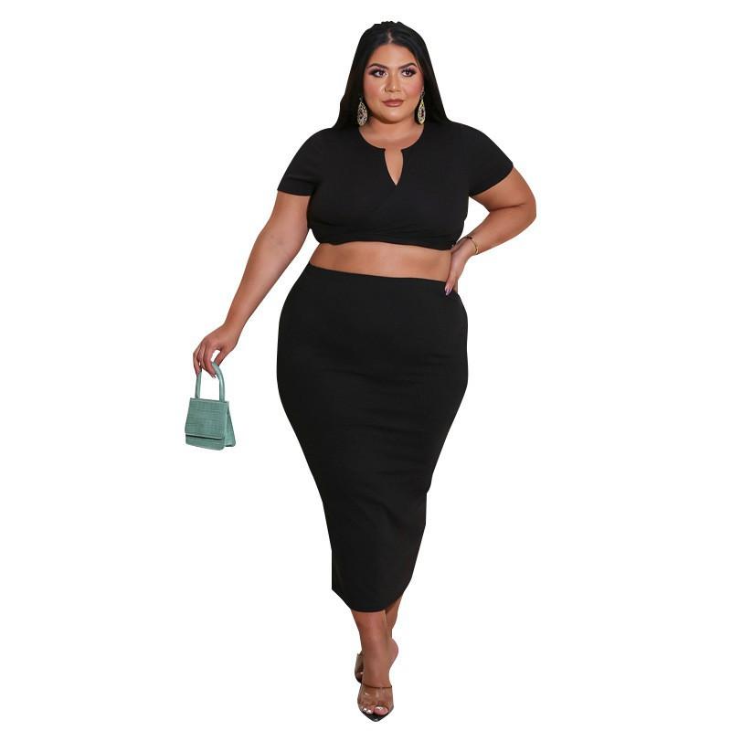 MY676 Plus Size Womens Knit Long Sleeve Crop Top Maxi Skirt Set Black Milk Silk Casual Outfit 2025