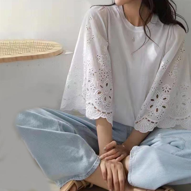 2024 Summer Women's Casual Solid Color Embroidered Cutout Mid-Sleeve T-Shirt