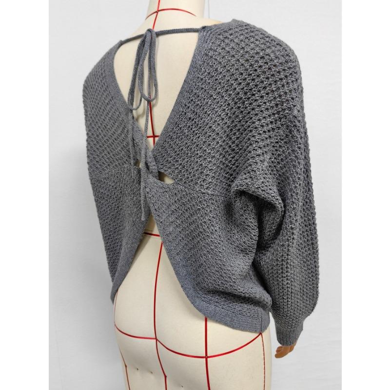 Women Sexy V Neck Backless Cross Strap Loose Pullover Knit Sweater