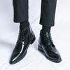 Men's British-Style Glossy Brown Leather Martin Boots with Pointed Toe and Side Zipper for Business Formal Wear.
