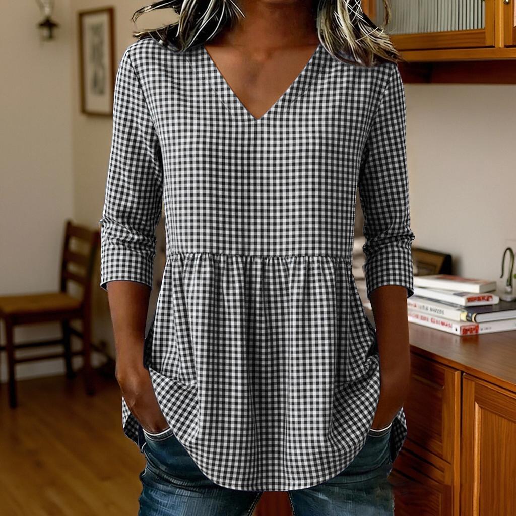 Women Loose Fit Casual Cotton Linen V Neck Plaid Three Quarter Sleeve Top Blouse Tunic Shirt for Everyday Wear