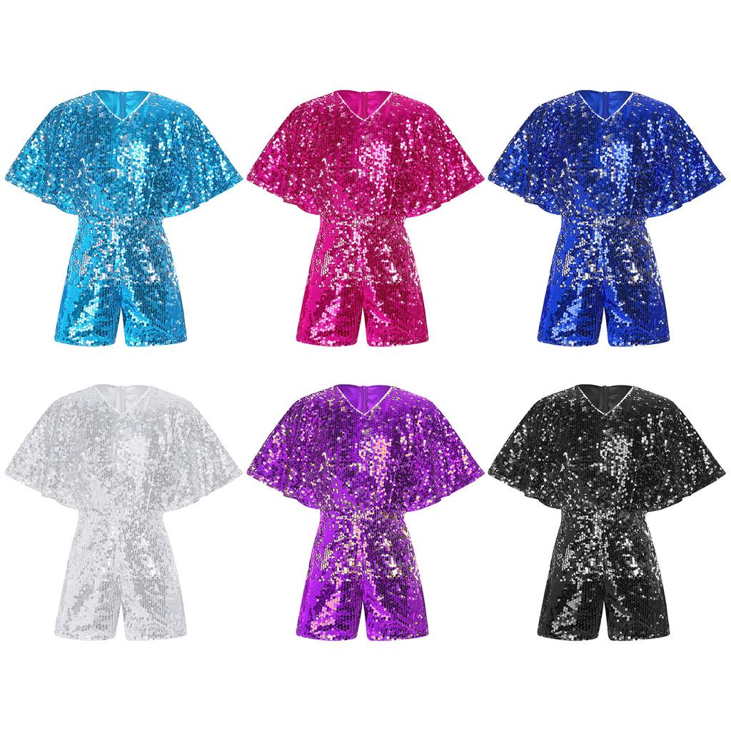 Complete Party-Ready Jumpsuit for Girls: Sparkling Sequins V-Neck Cap Sleeve Bodysuit, Perfect for Photos & Special Events