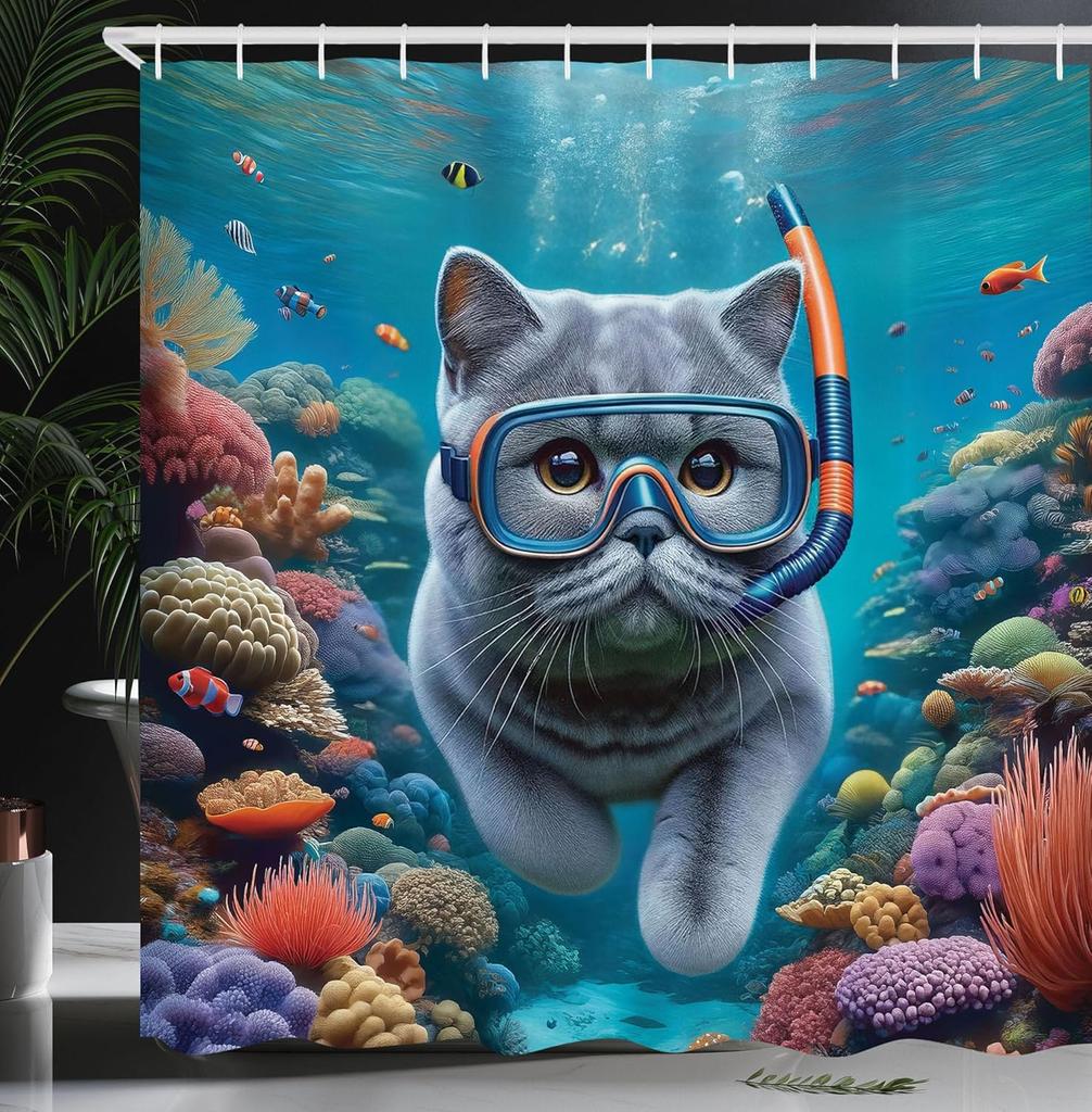 Nautical Shower Curtain, Funny Surreal Image of a Grey Cat Diving in The Deep Ocean Colorful Reef, Cloth Fabric Bathroom Decor